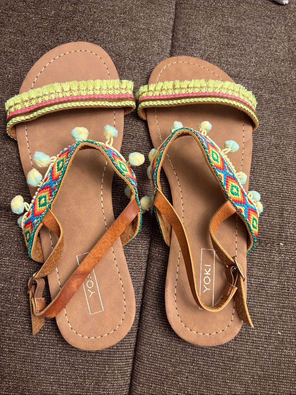 Yoki Brown Leather-Trim Multicolor Beaded Pom Sandals